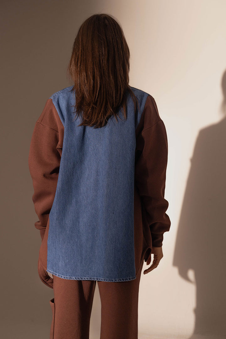 Denim Shirt with Brown Melton Sleeves