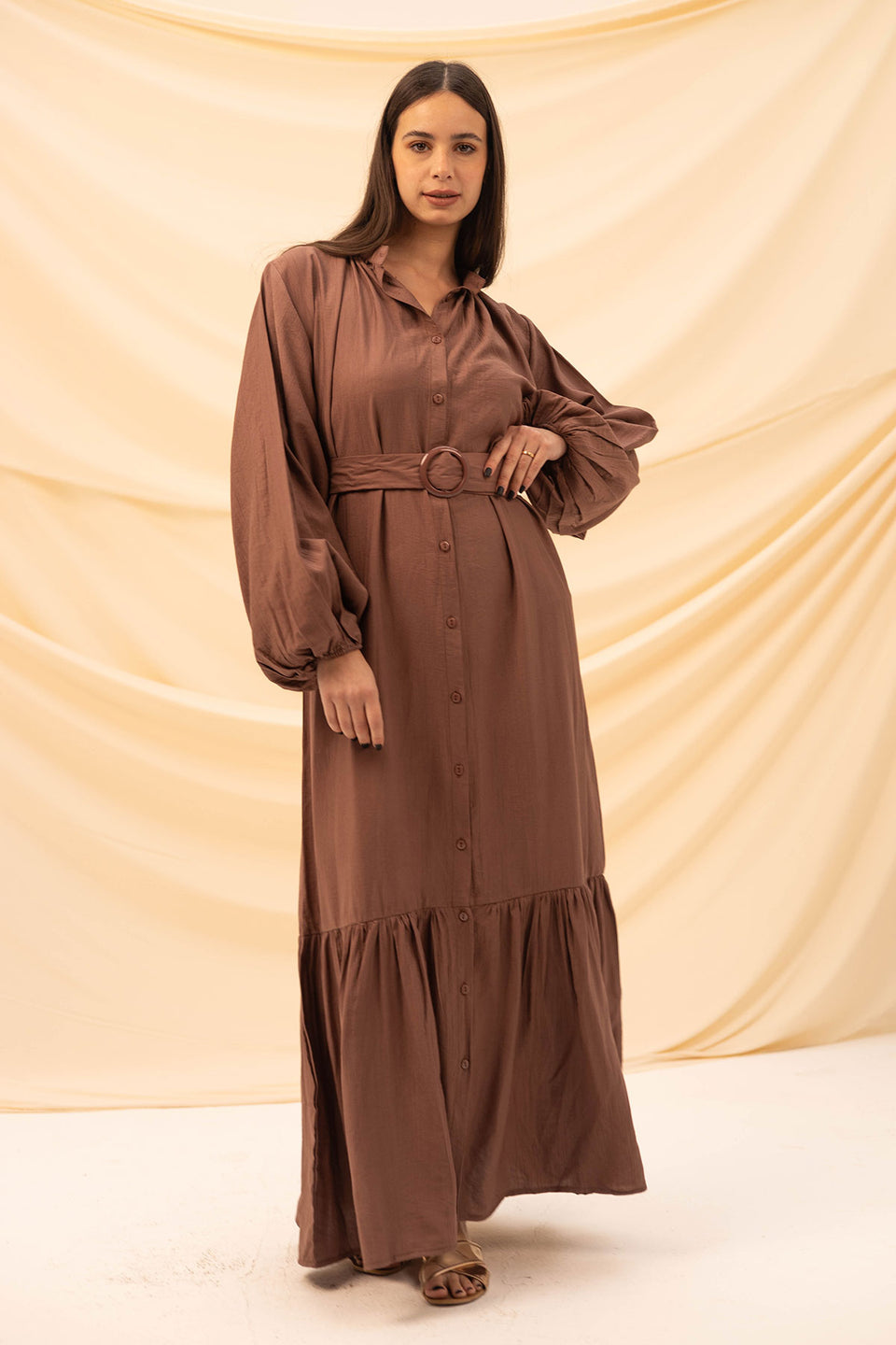 Brown Linen Dress With Belt
