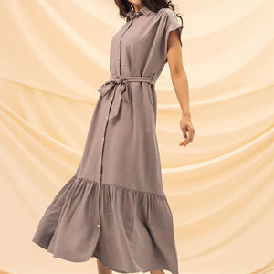 Grey Linen Sleevless Tied Dress