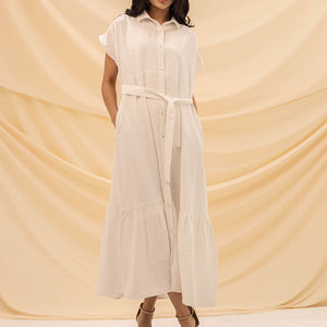 White Linen Sleevless Tied Dress