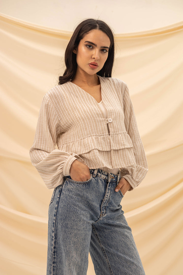Beige Ruffled Striped Blouse
