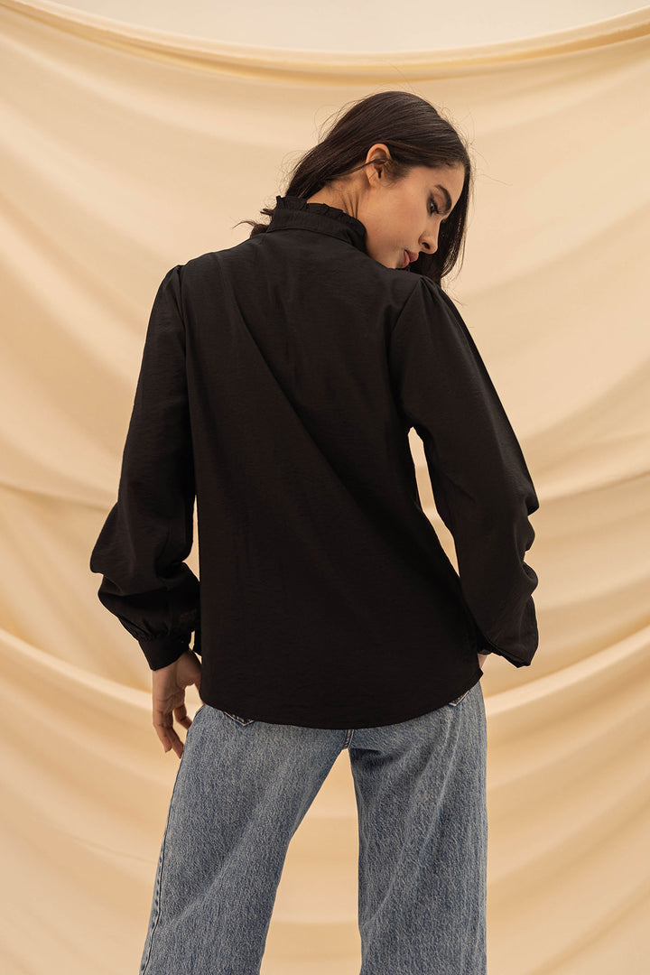 Black Ruffled Embroidery Shirt
