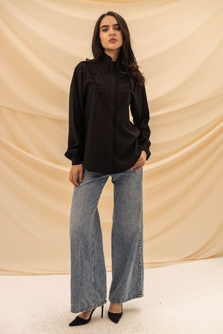 Black Ruffled Embroidery Shirt