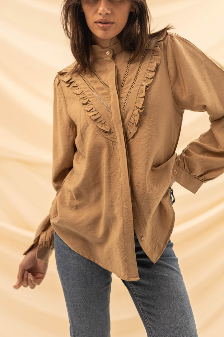 Coffe Ruffled Embroidery Shirt