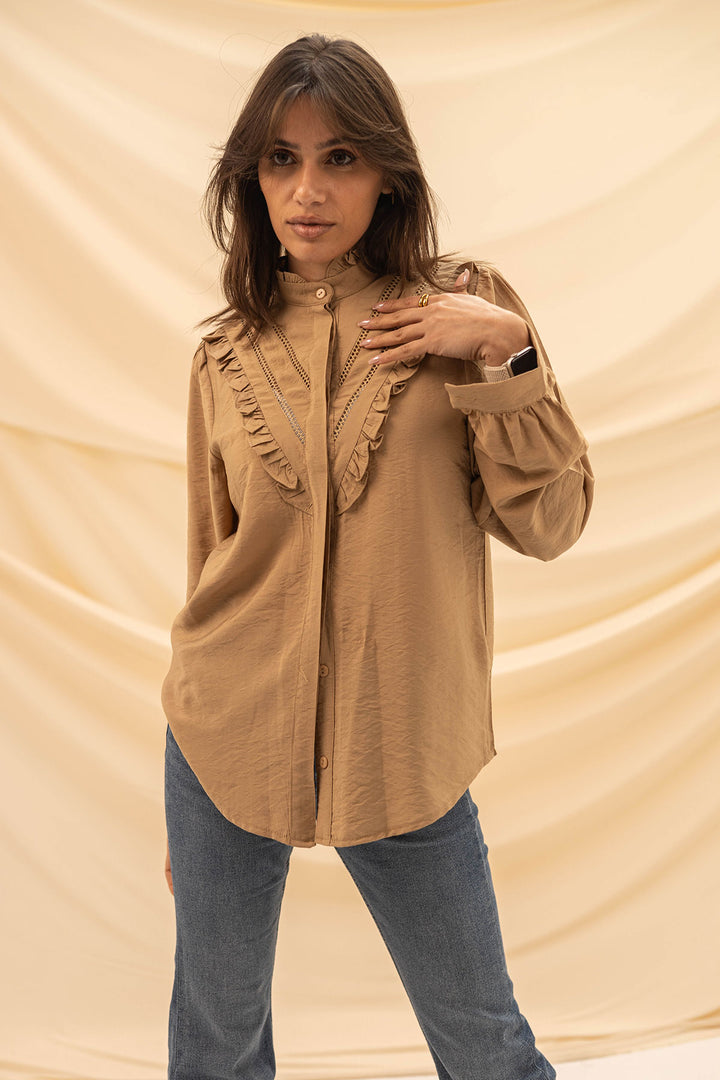 Coffe Ruffled Embroidery Shirt