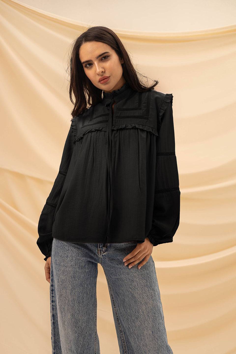 Black Ruffled Embroidery Blouse