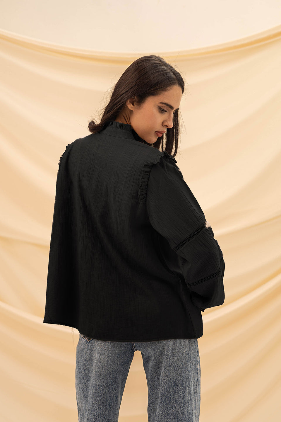 Black Ruffled Embroidery Blouse