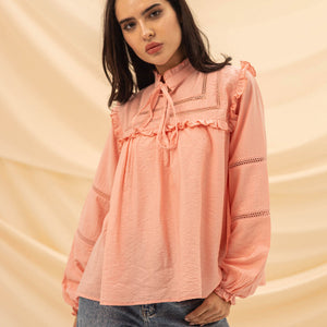 Pink Ruffled Embroidery Blouse