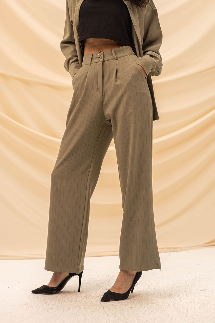 Olive Striped Comfort Formal Pants