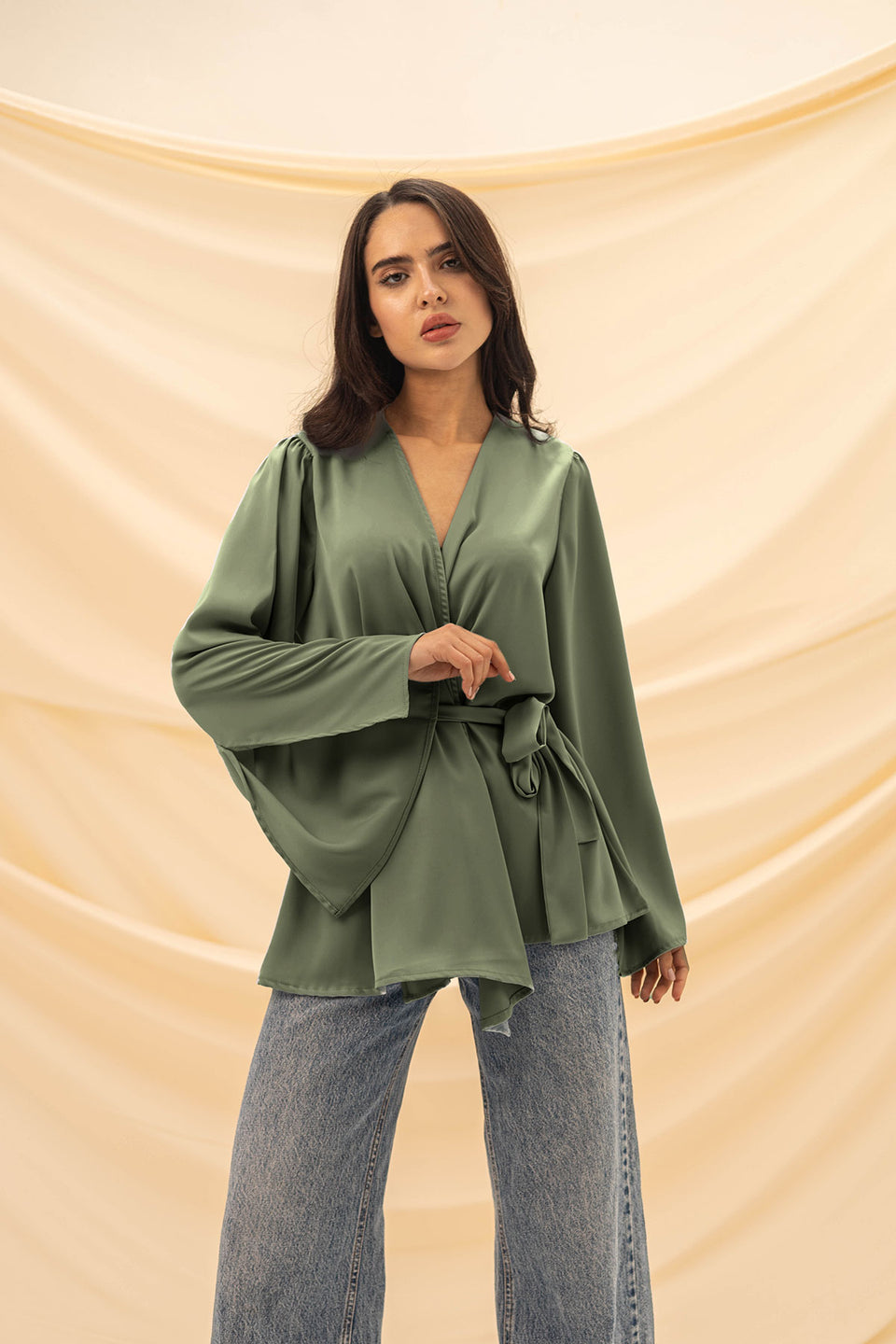 Olive Wrap Tied Stain Blouse