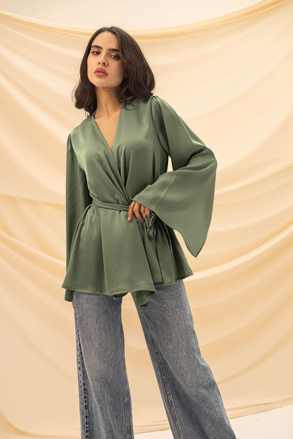 Olive Wrap Tied Stain Blouse