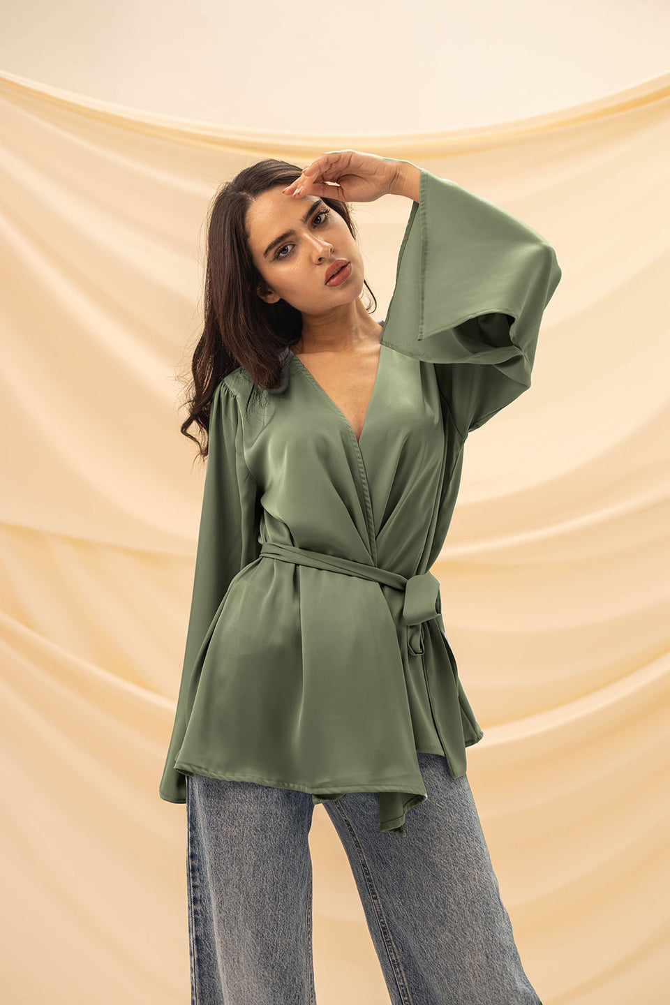 Olive Wrap Tied Stain Blouse