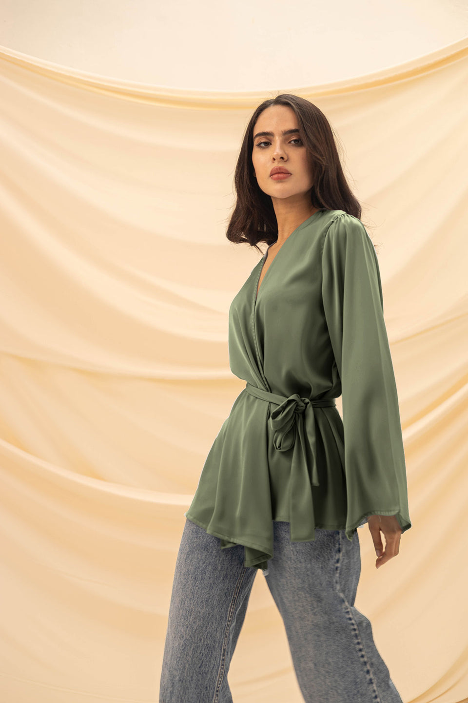 Olive Wrap Tied Stain Blouse