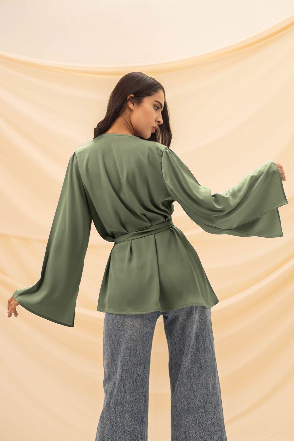 Olive Wrap Tied Stain Blouse