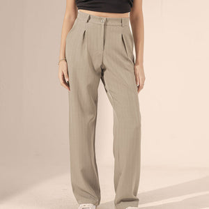 Beige Wide Leg Striped Pants