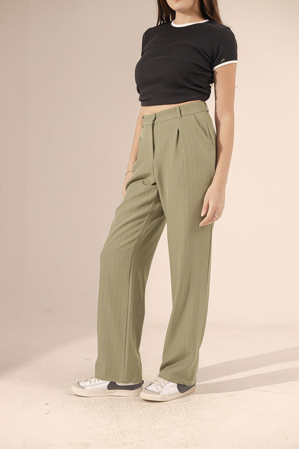 Olive Wide Leg Striped Pants