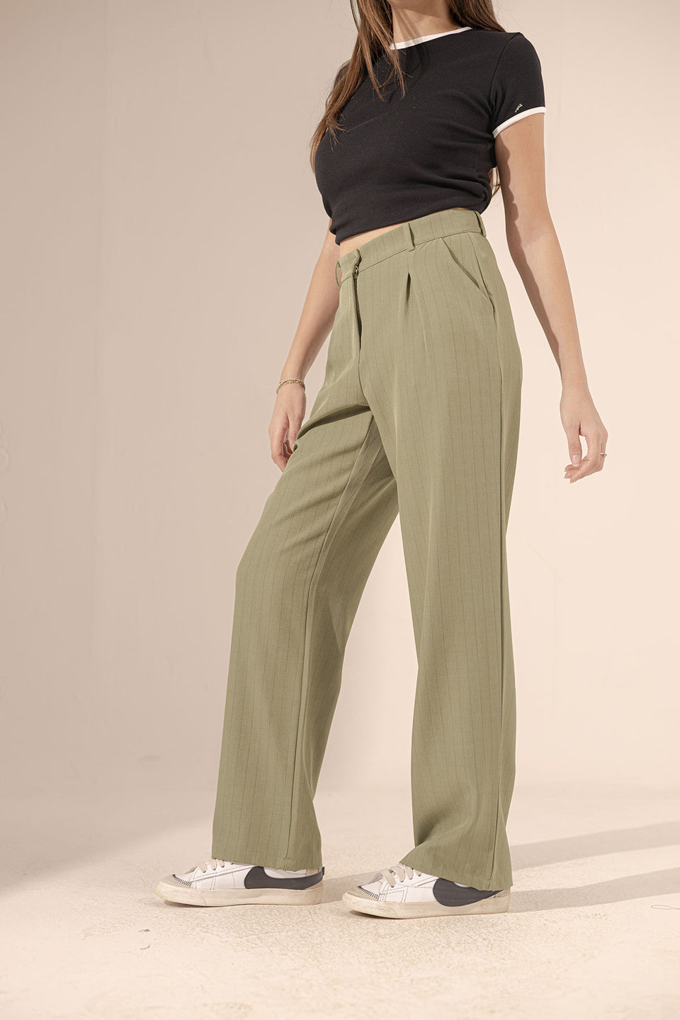 Olive Wide Leg Striped Pants