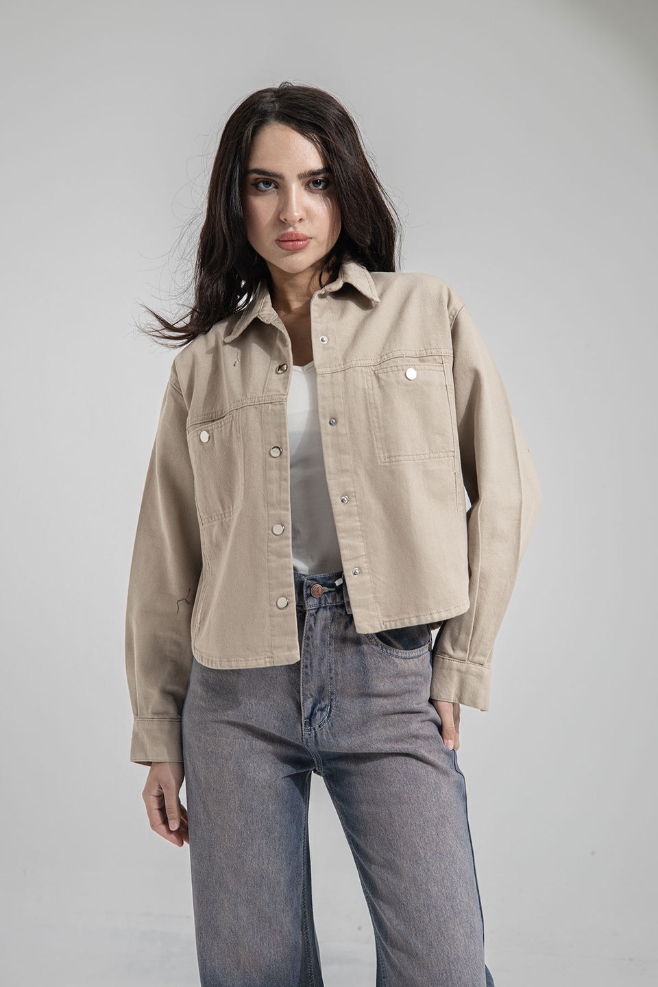 Beige Denim Cropped Jacket