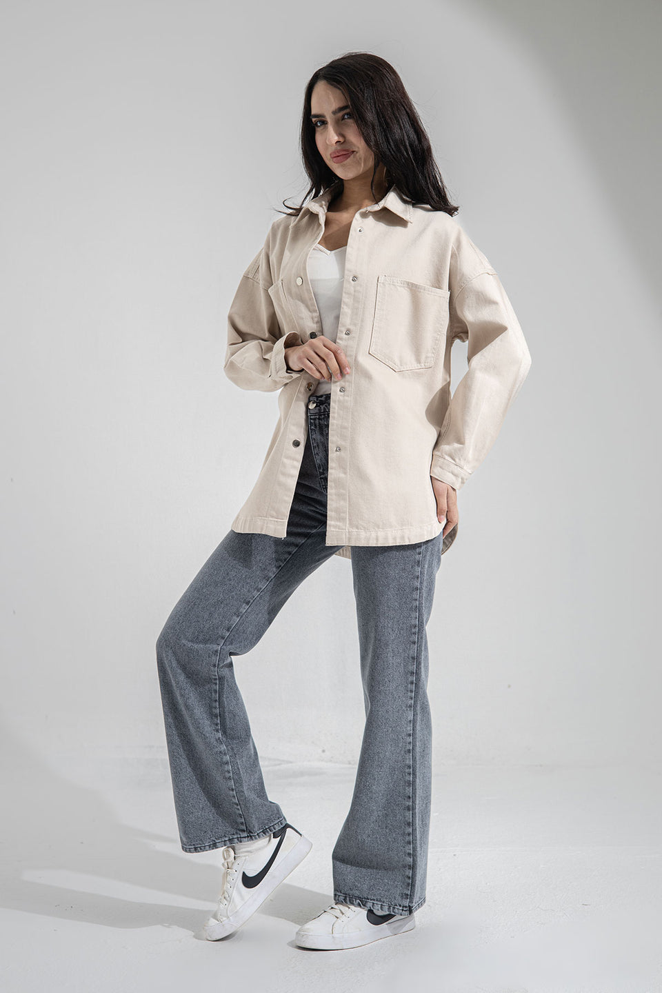 Beige Longsleeves Denim Light Jacket