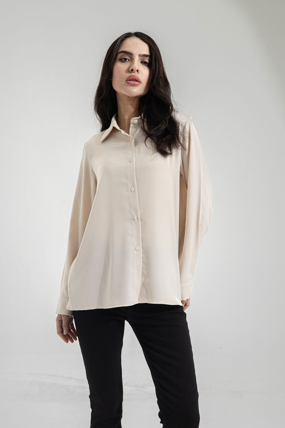 Beige Long Sleeves Satin Shirt