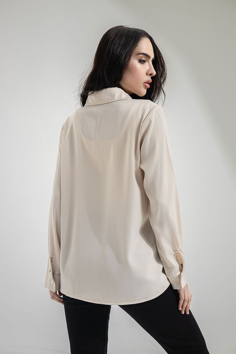 Beige Long Sleeves Satin Shirt