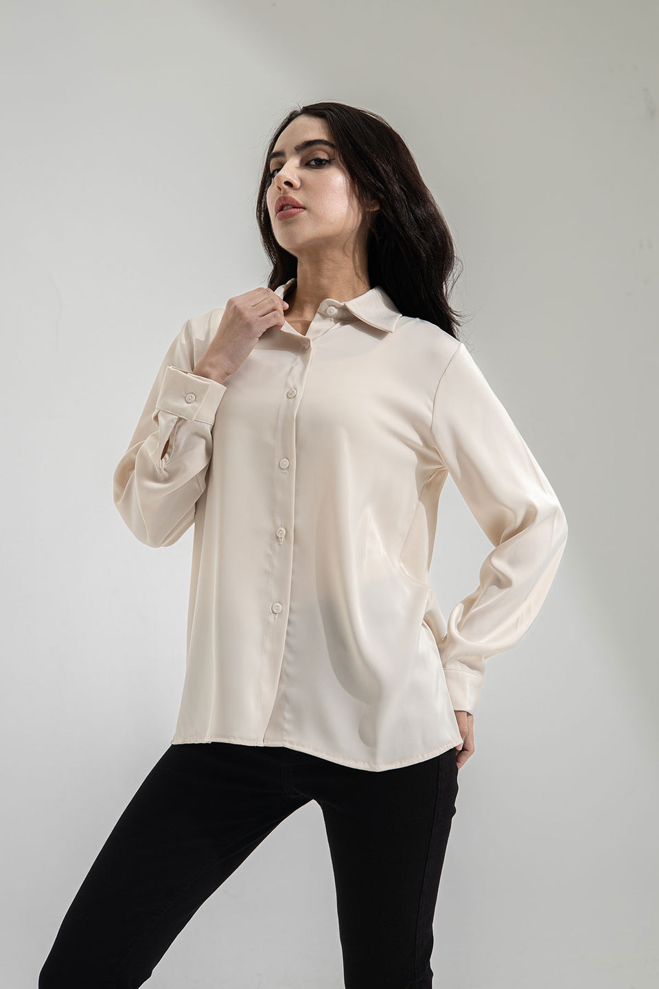 Beige Long Sleeves Satin Shirt