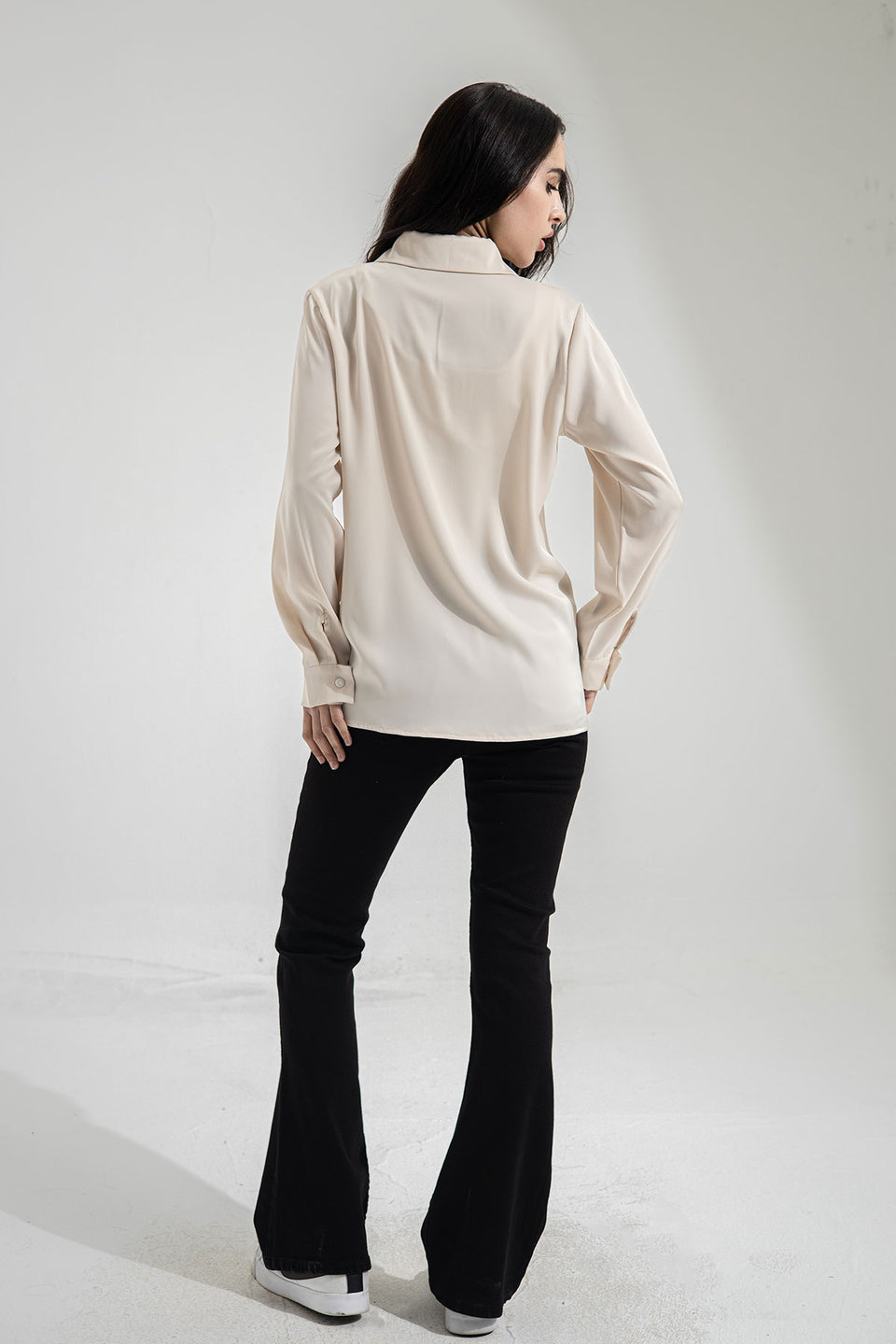 Beige Long Sleeves Satin Shirt