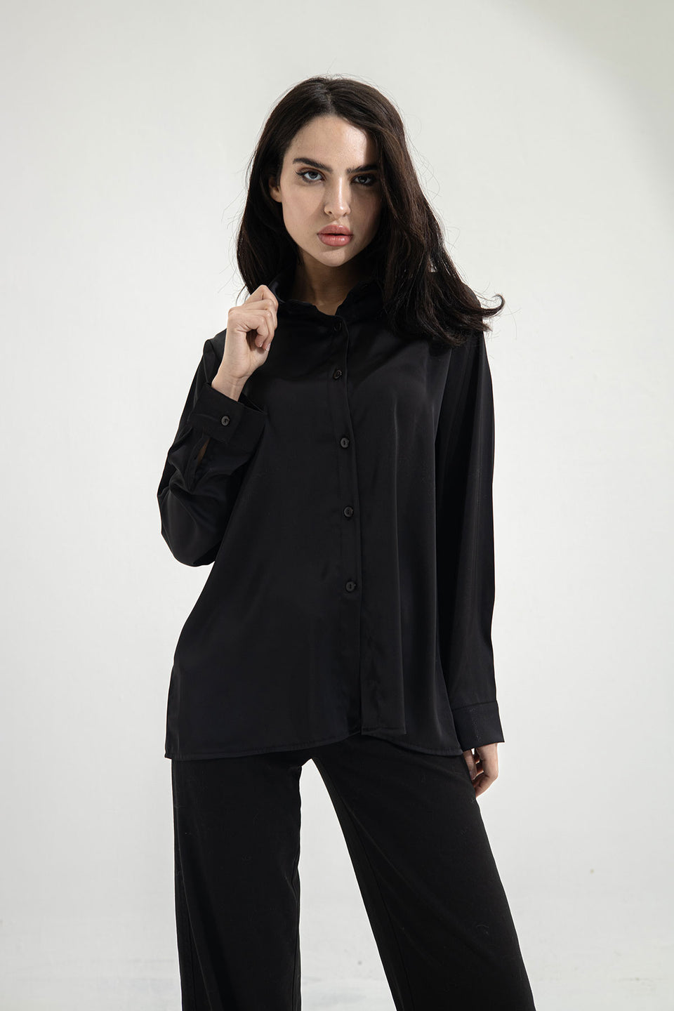 Black Long Sleeves Satin Shirt