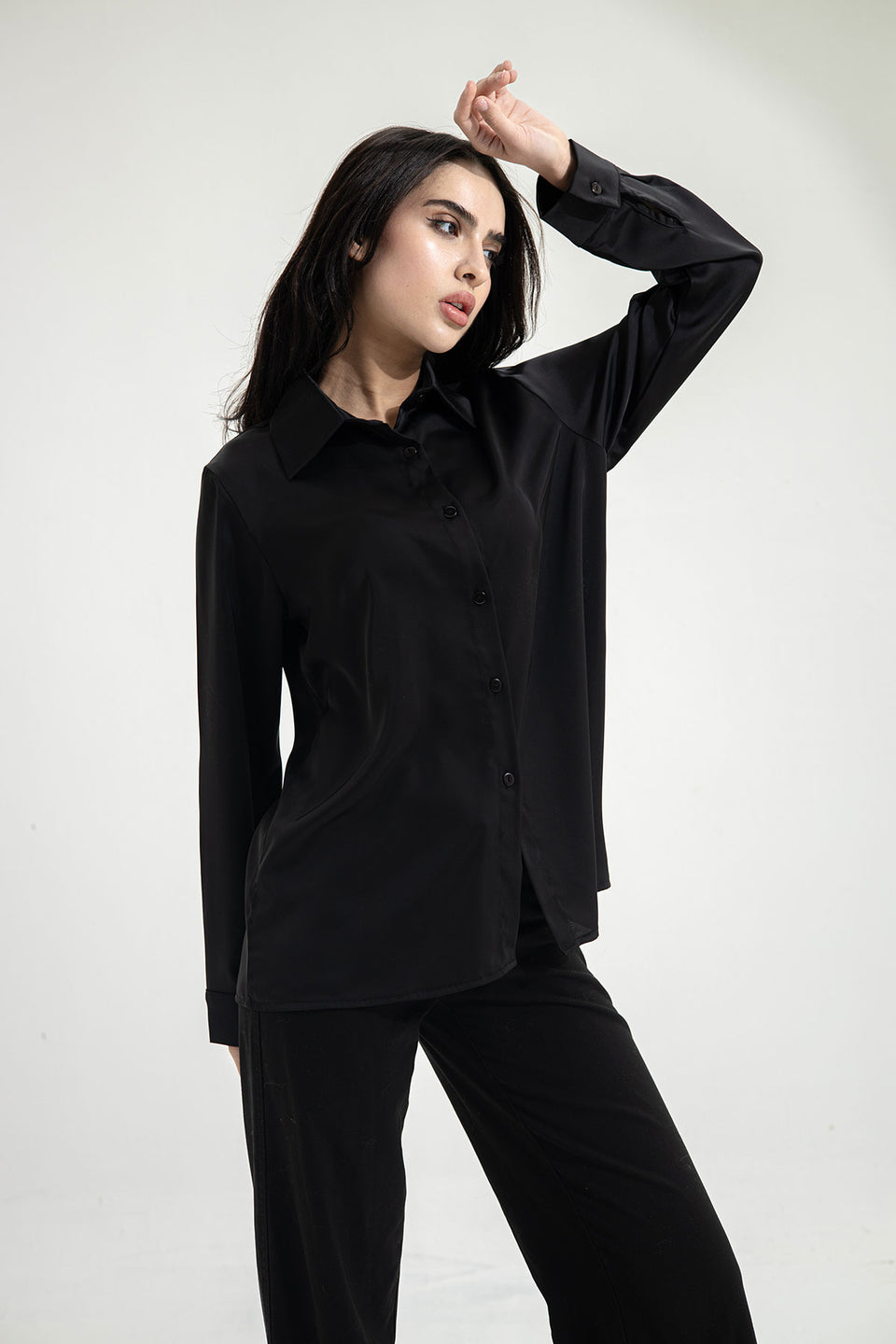 Black Long Sleeves Satin Shirt