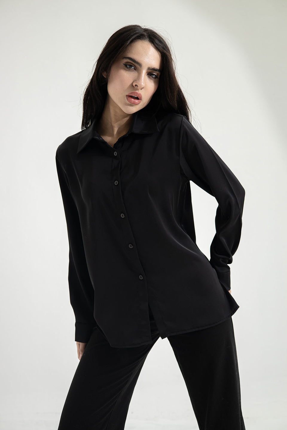 Black Long Sleeves Satin Shirt