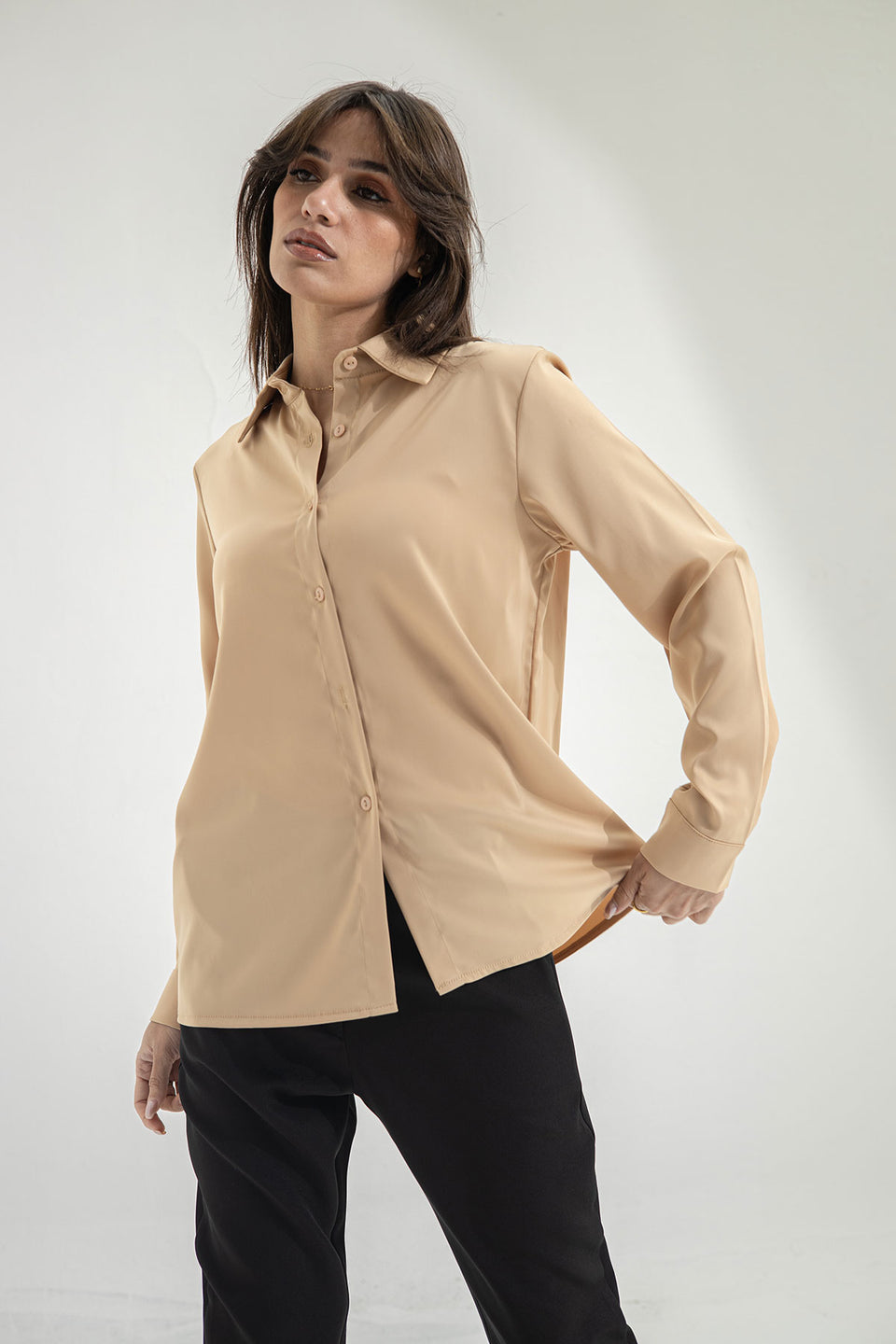 Camel Long Sleeves Satin Shirt