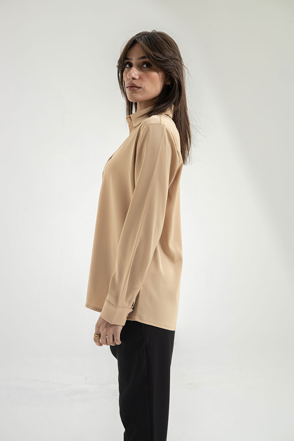 Camel Long Sleeves Satin Shirt