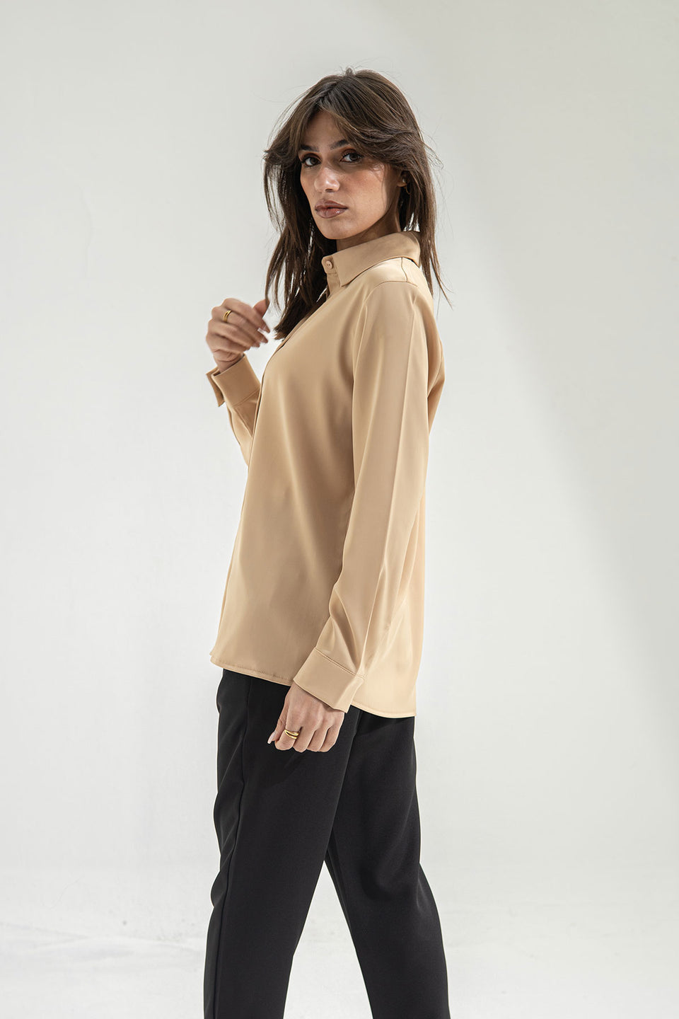 Camel Long Sleeves Satin Shirt