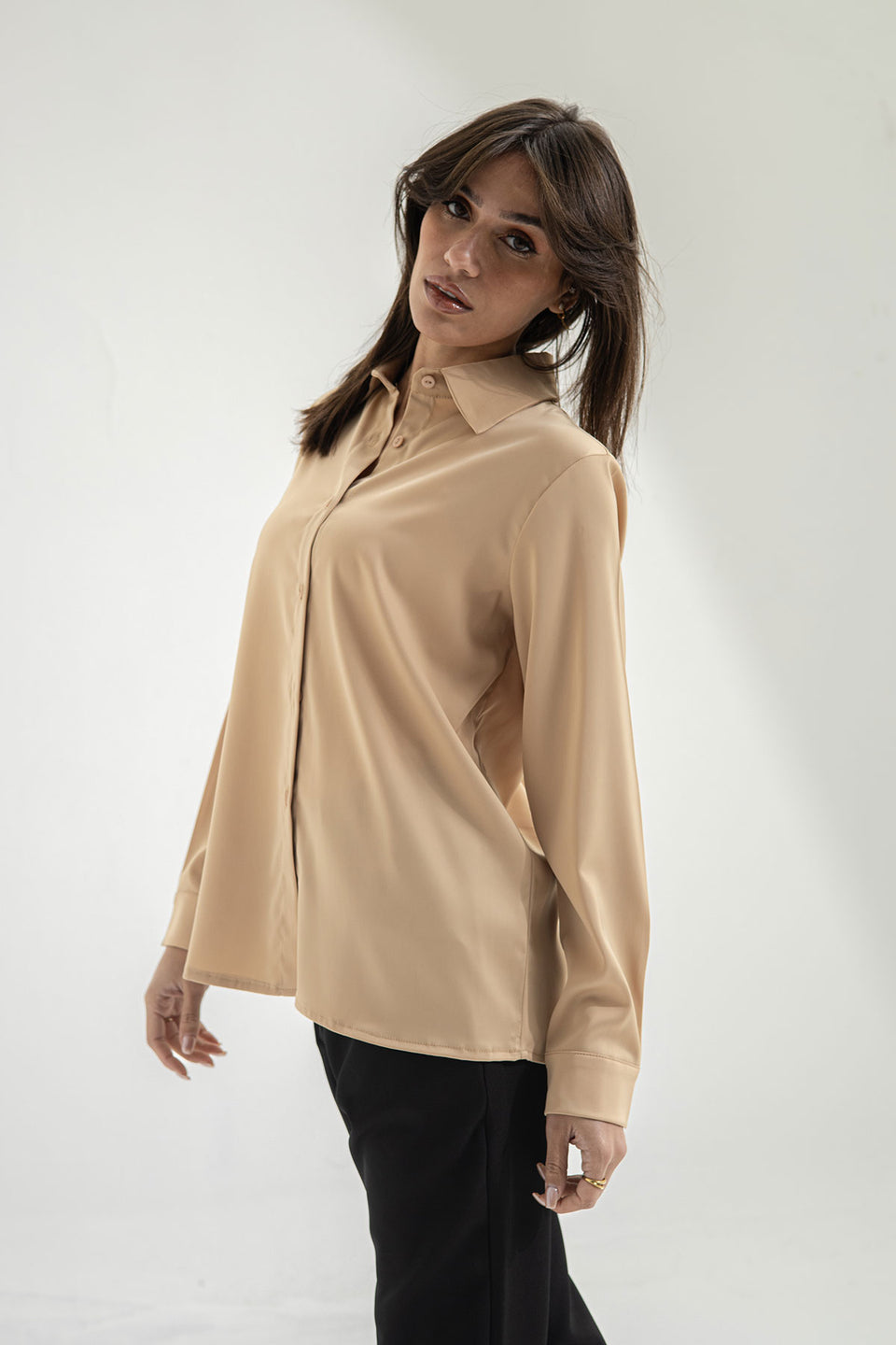 Camel Long Sleeves Satin Shirt