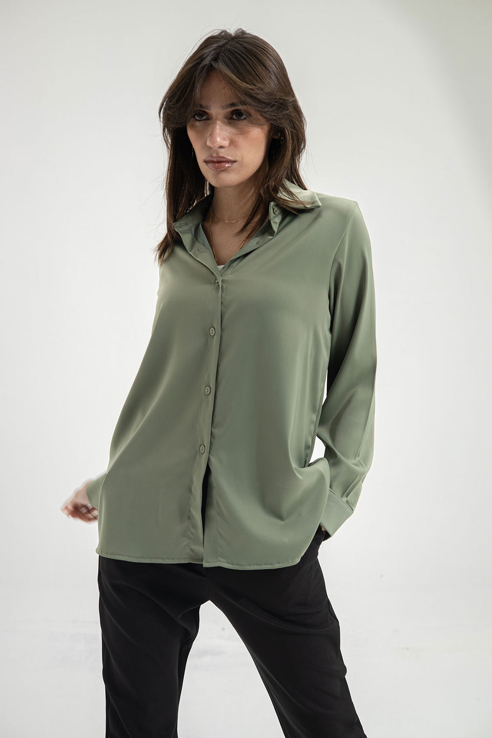 Olive Long Sleeves Satin Shirt