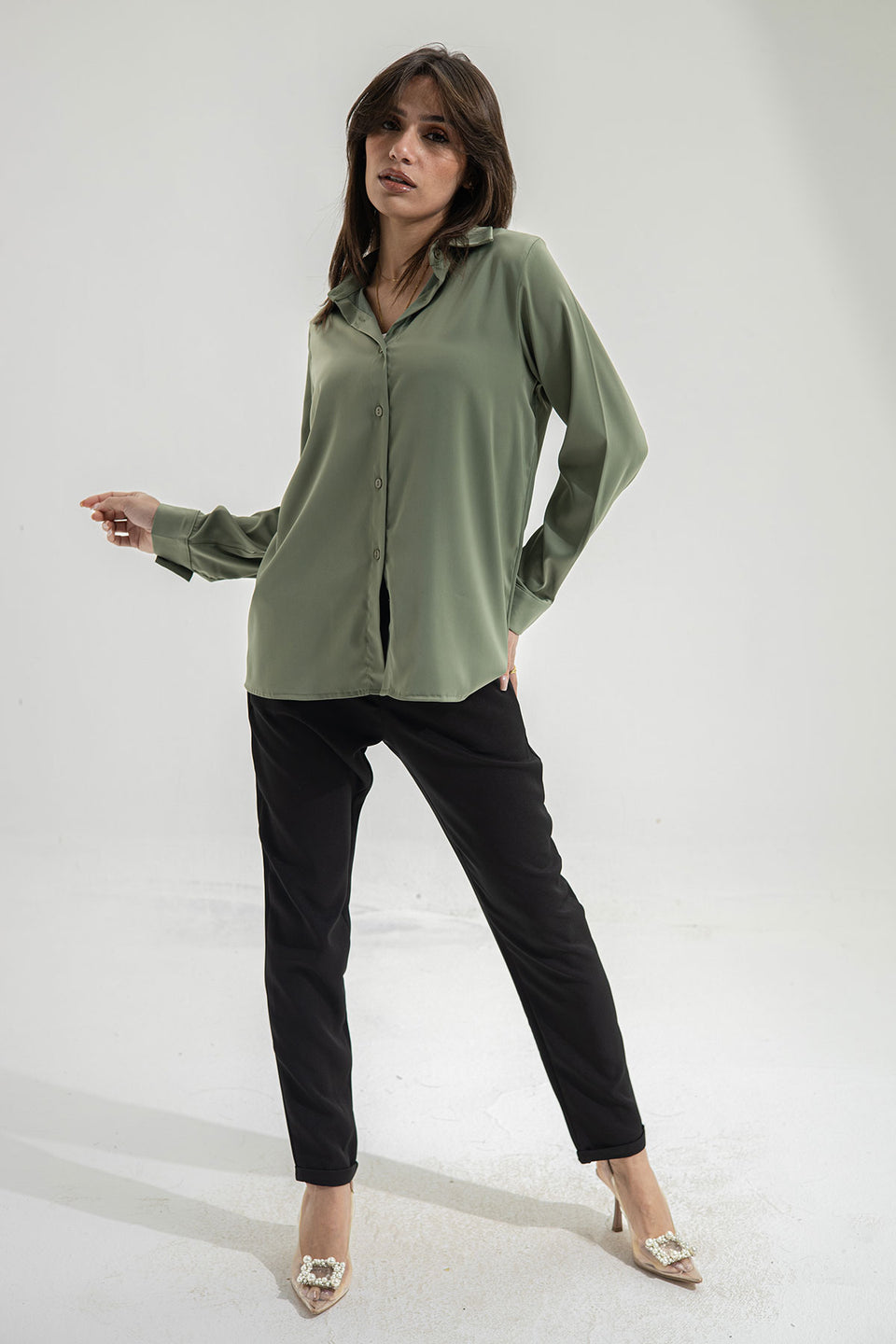 Olive Long Sleeves Satin Shirt