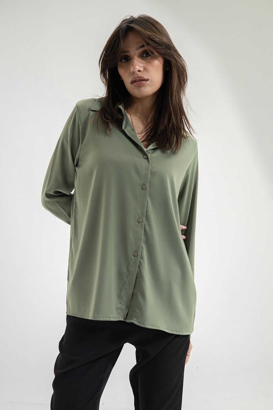 Olive Long Sleeves Satin Shirt