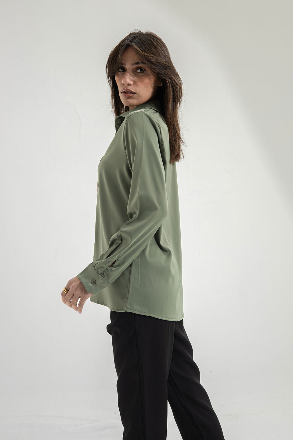 Olive Long Sleeves Satin Shirt