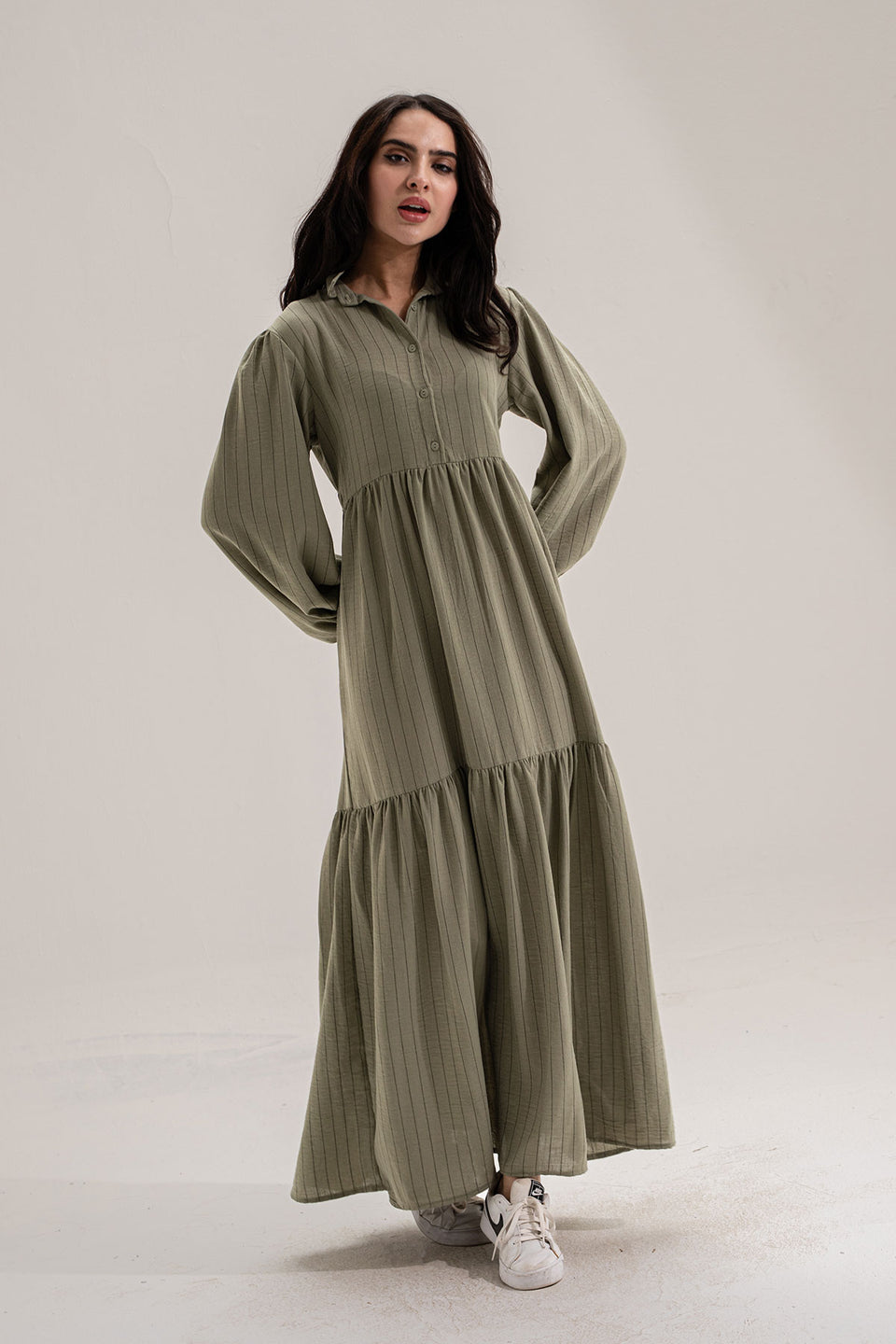 Olive Striped Long Dress