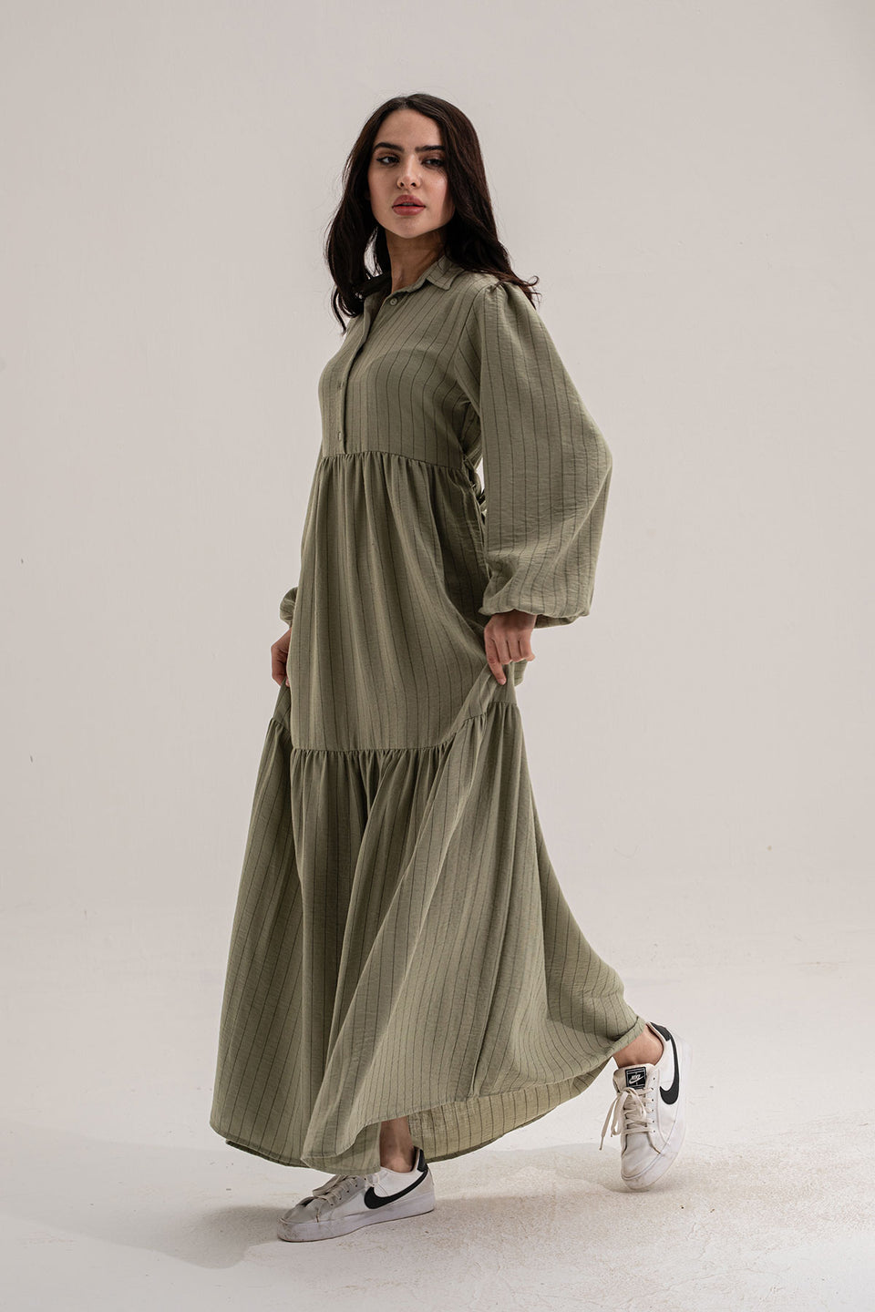 Olive Striped Long Dress