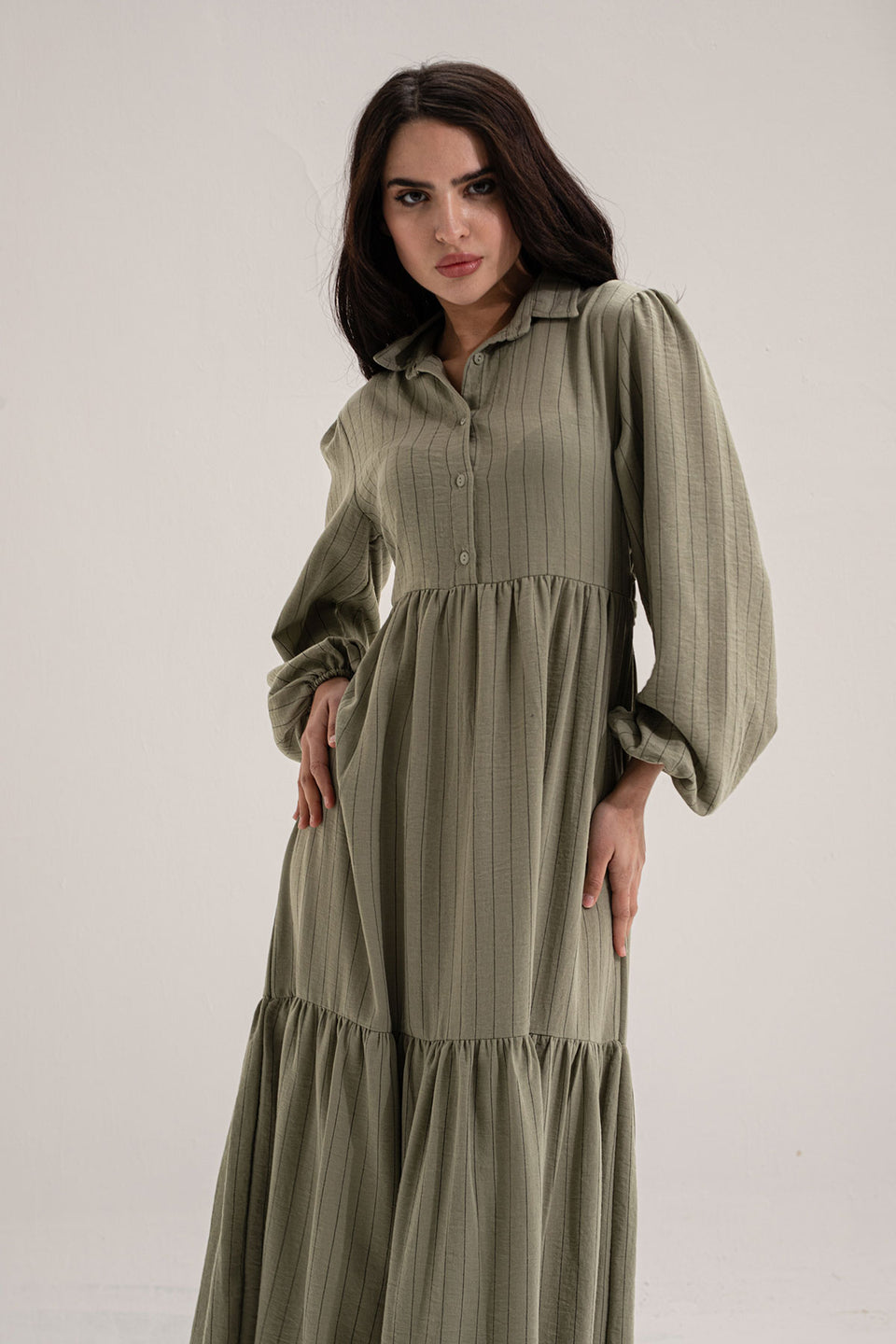 Olive Striped Long Dress