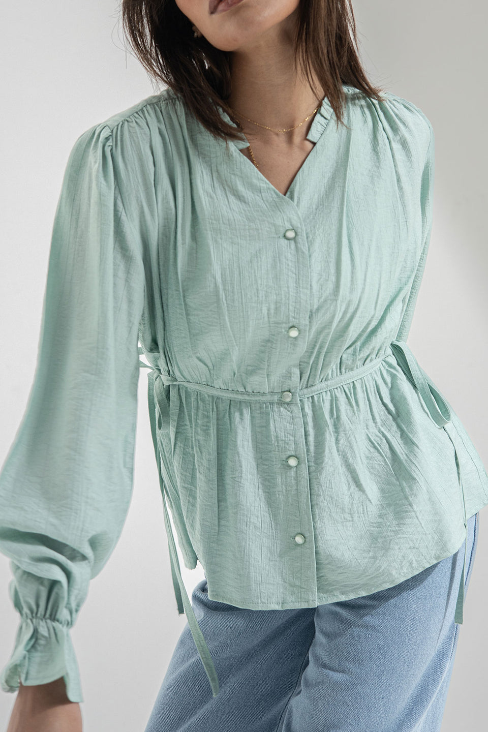 Mint Wrap Tied Blouse