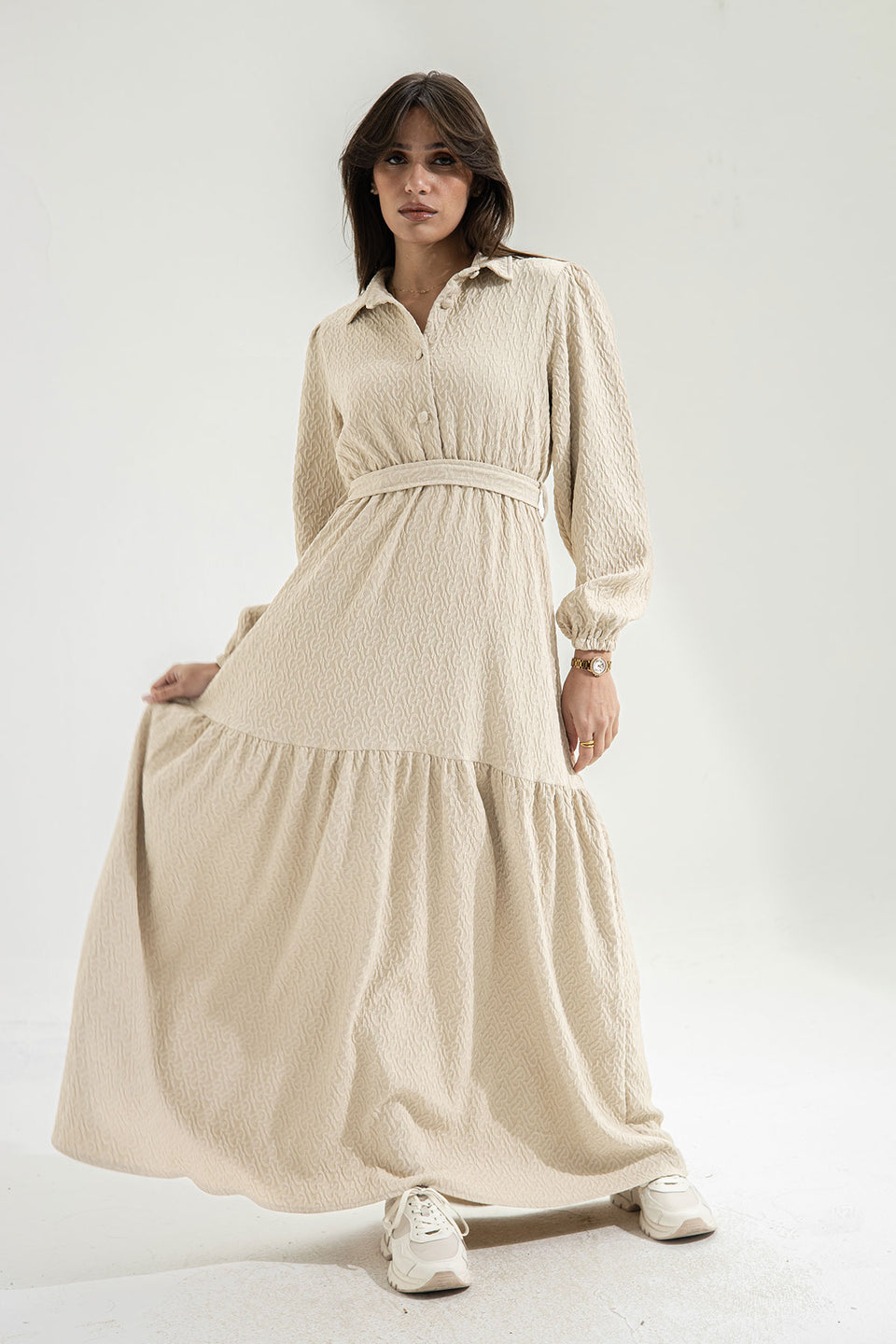 Beige Patterned Long Dress