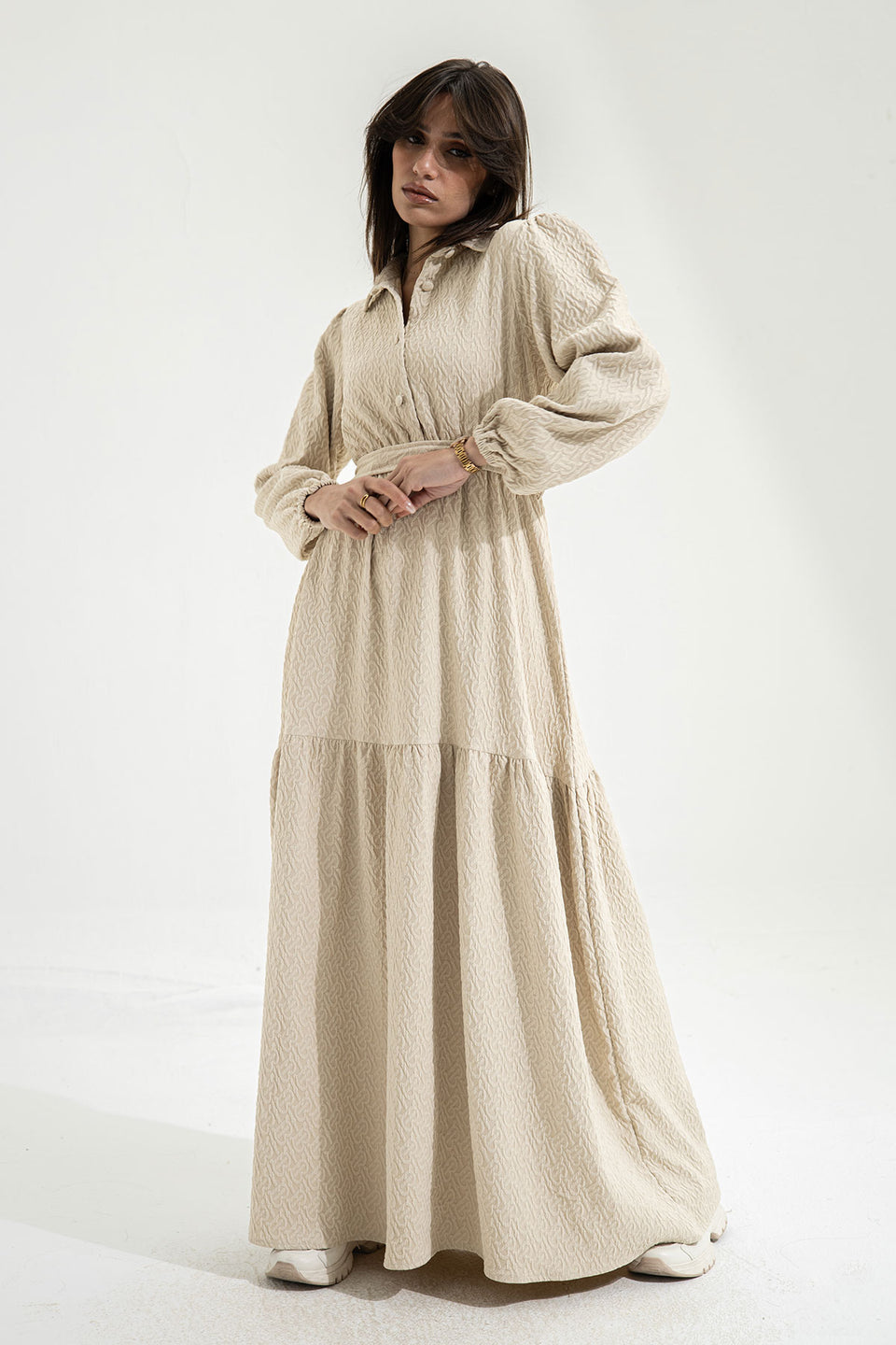 Beige Patterned Long Dress