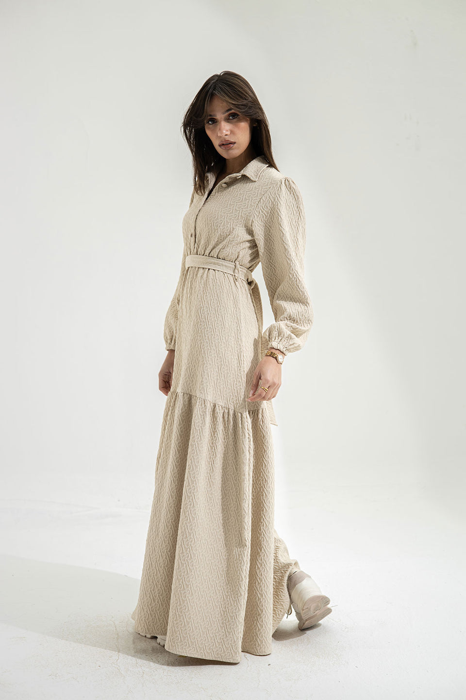 Beige Patterned Long Dress