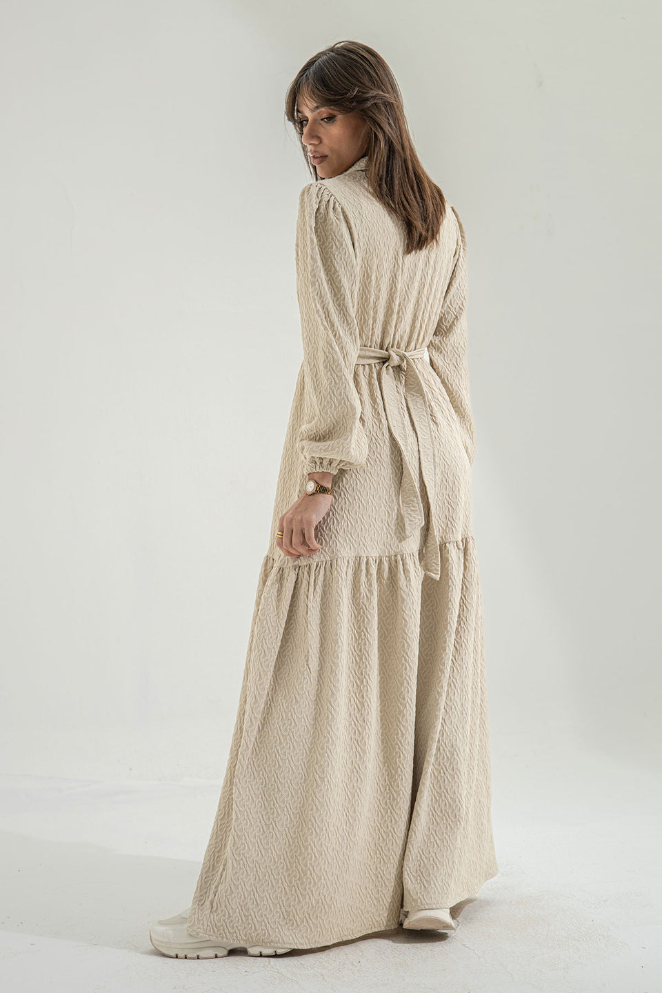 Beige Patterned Long Dress