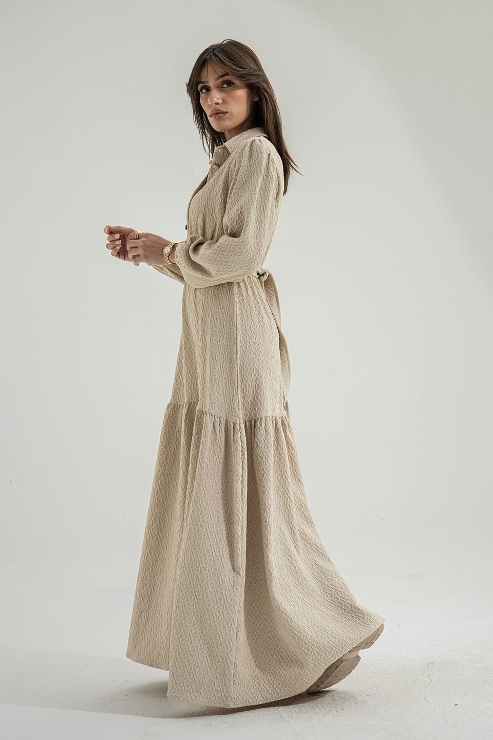 Beige Patterned Long Dress