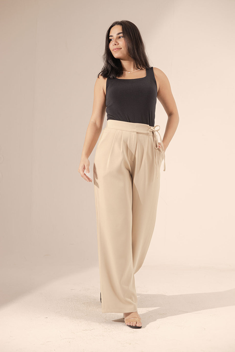 Beige Tied Wide-Leg Pants