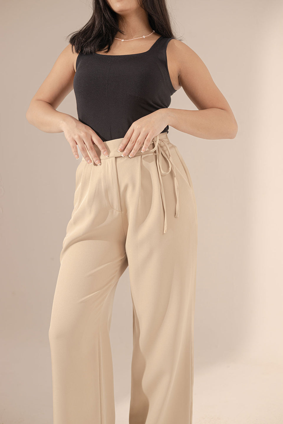 Beige Tied Wide-Leg Pants
