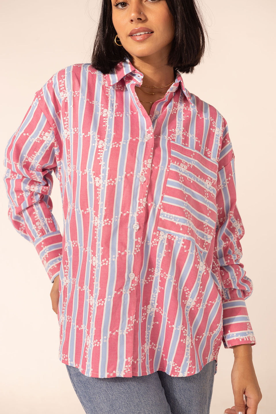 Pink Embroidered Checkers Shirt